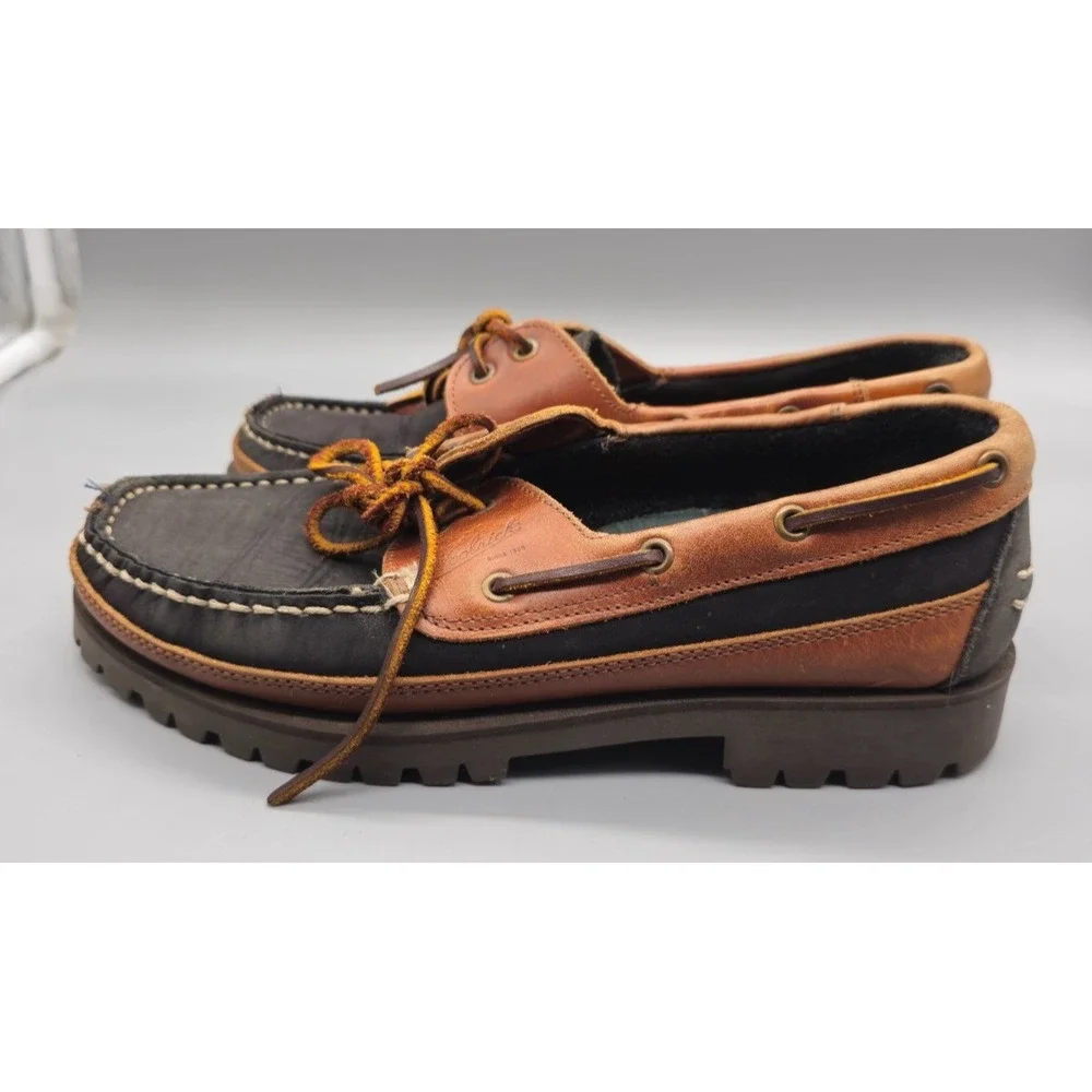 WOOLRICH Men's Navy Brown Leather Boat Loafers Shoes Size 7 Made in Italy